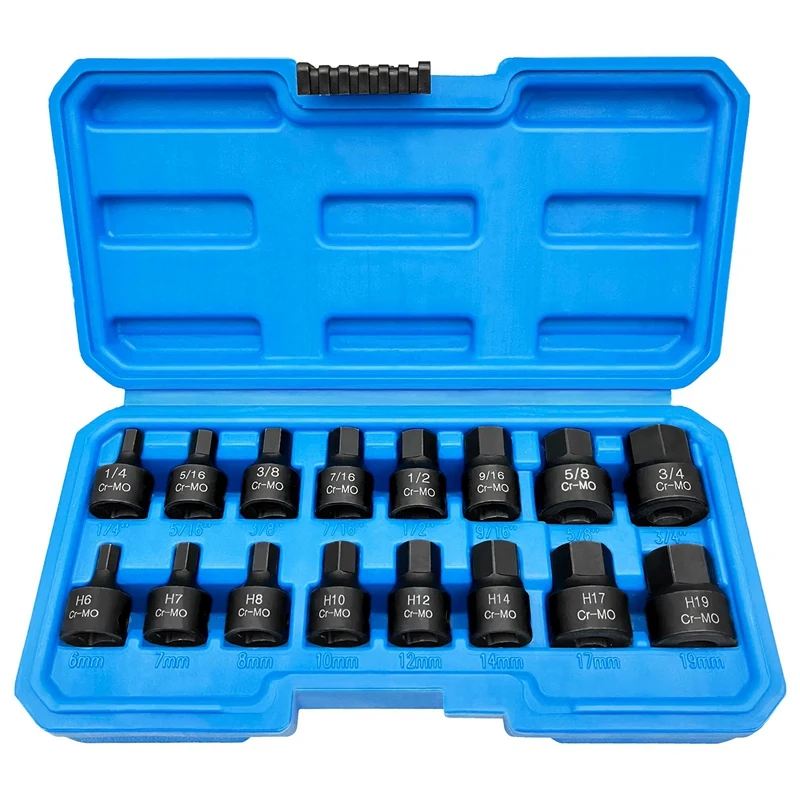 

3/8 Inch Drive Low Profile Impact Hex Driver Set 16 Pcs SAE/Metric 1/4-3/4 Inch 6-19Mm Cr-Mo Steel Durable