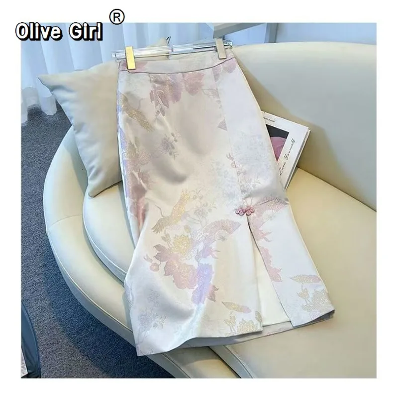 Olivegirl Chinese Weaving Gold Horse Face Skirt Embroidered Split Elastic Waist Skirt Women's Clothing Summer High End Unique