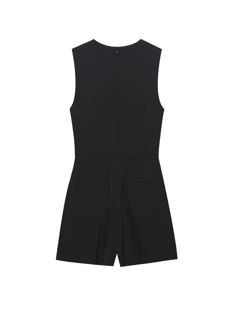 Women's Fashion Belted Sleeveless Button-Up Playsuit with Front Pockets Stylish Female Jumpsuit for Casual Wear