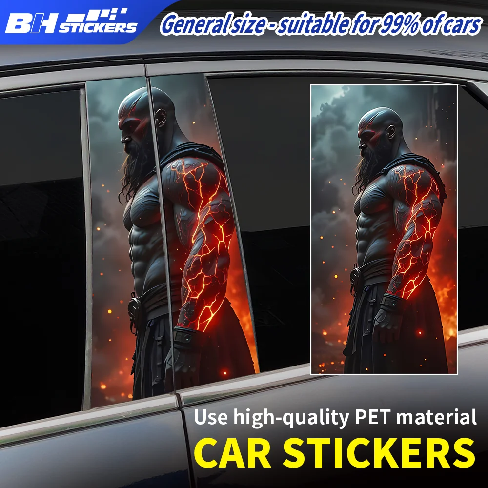 

God of War Style Car B Pillar Sticker Dark Warrior Decal Waterproof Vinyl Auto Middle Pillar Wrap Creative Exterior Decor 2Pcs