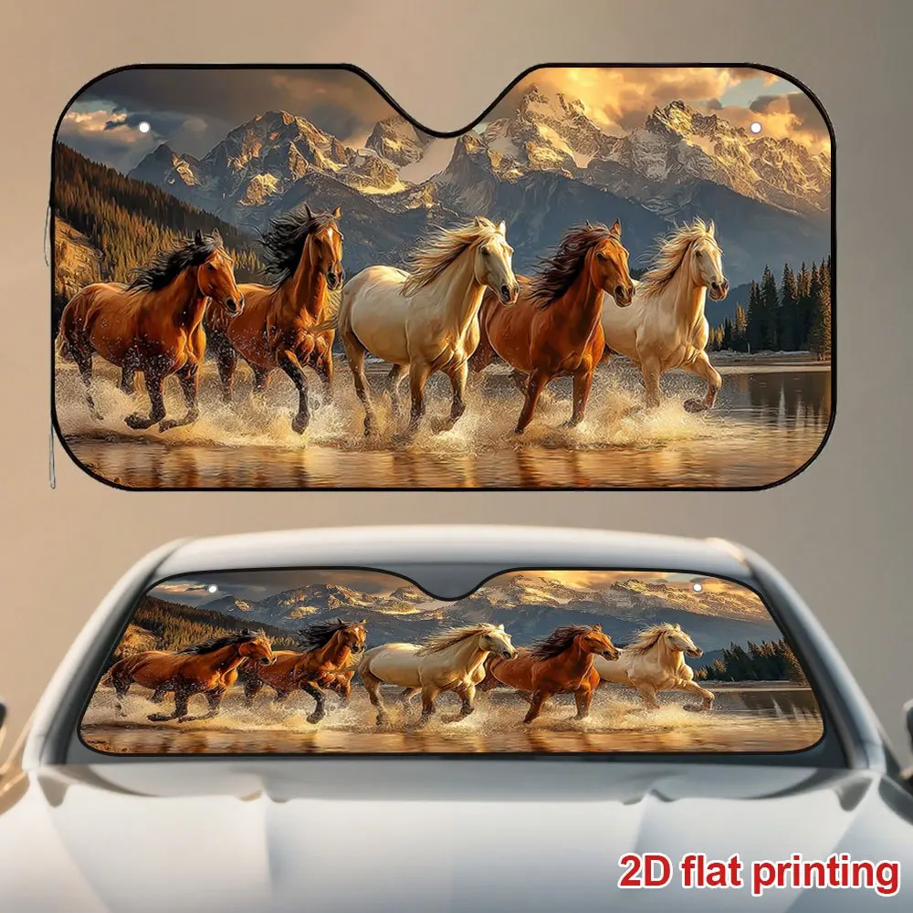 Galloping Horses in Nature Pattern Foldable Car Windshield Sun Visor with 4 Suction Cups Summer Parking Heat Insulation Sunshade