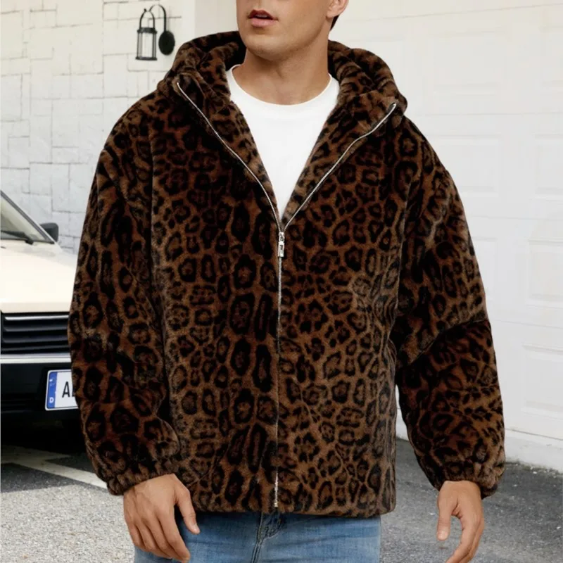 

2025 New Men's Leopard Print Faux Fur Jacket Color Block Design Thickened Warm Plush Fluffy Fur Trendy Casual Hooded Jackets Top