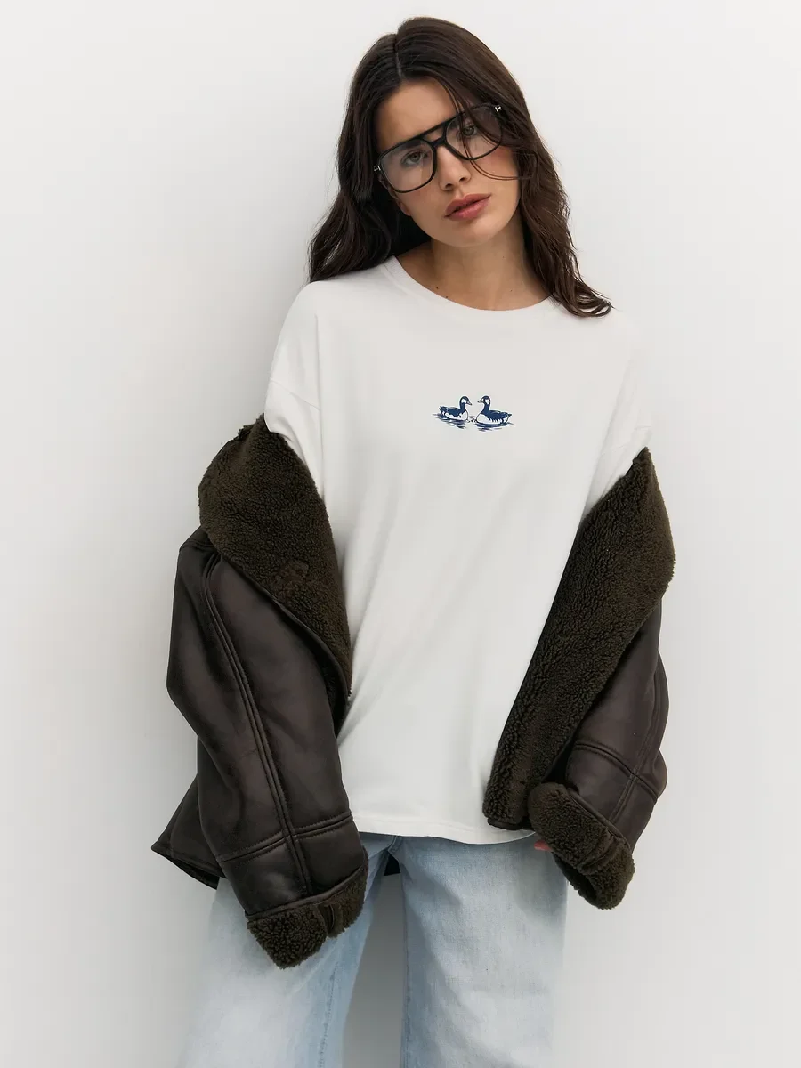 Autumn Women's 100% Cotton Blue Duck Print T‑Shirt Loose Casual Long Sleeve Oversized Basic Base Top For Ladies Daily Wear