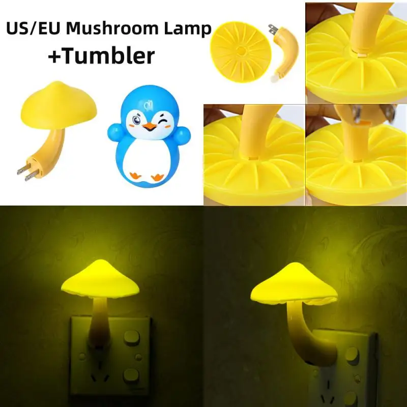 Bedroom Led Night Light Mushroom Wall Socket Lamp Eu Us Plug Warm White Light-control Sensor Bedroom Home Decoration+Tumbler