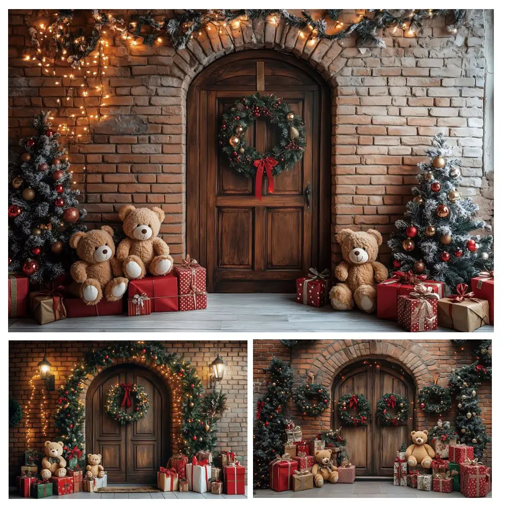 Christmas Photography Background Rustic Arch Wood Door Brick Wall Xmas Tree Toy Bear Gifts Festival Kids Portrait Photo Backdrop