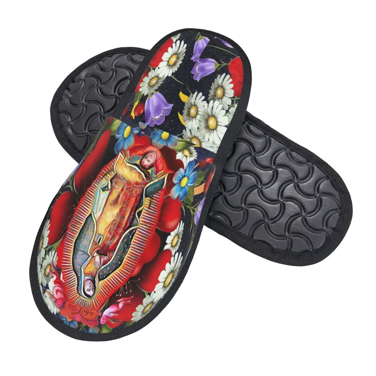 Custom Our Lady Of Guadalupe Memory Foam Slippers Women Cozy Warm Mexican Virgin Mary Mexico Flowers Tilma House Slippers