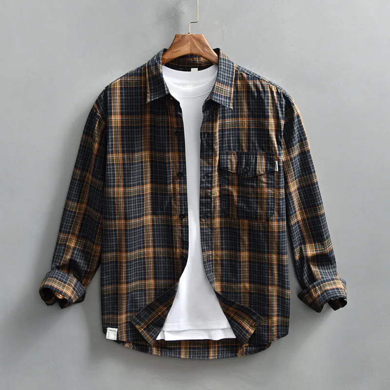 

110kg Wear 100% Cotton Retro Plaid Men Shirts 2024 Spring Autumn Preppy Long Sleeve Blouse for Youth Handsome Male Casual Coats