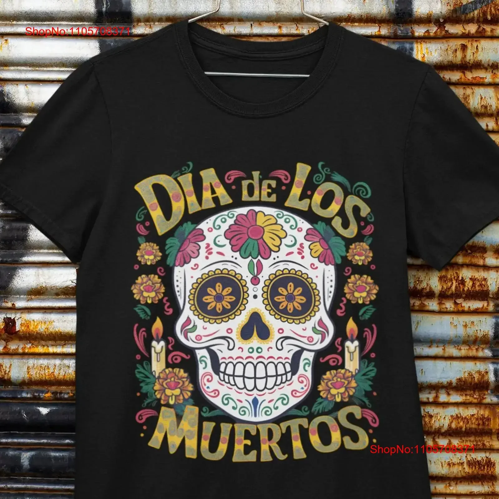 Dia de los Muertos Sugar Skull T Shirt Colorful Mexican Culture Festive Marigolds and Candles Design For Day of the Dead Casual