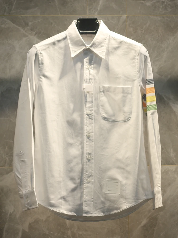 

Рубашка унисекс из оксфордской ткани с четырьмя полосками, белая, модная, повседневная, из смесового хлопка, с длинным рукавом, приталенного кроя