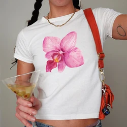 Summer Aesthetic Flower Print Simple T-shirts Women Slim Short Sleeve Casual Female Harajuku Crop Tops Sexy Tees Y2k Clothes