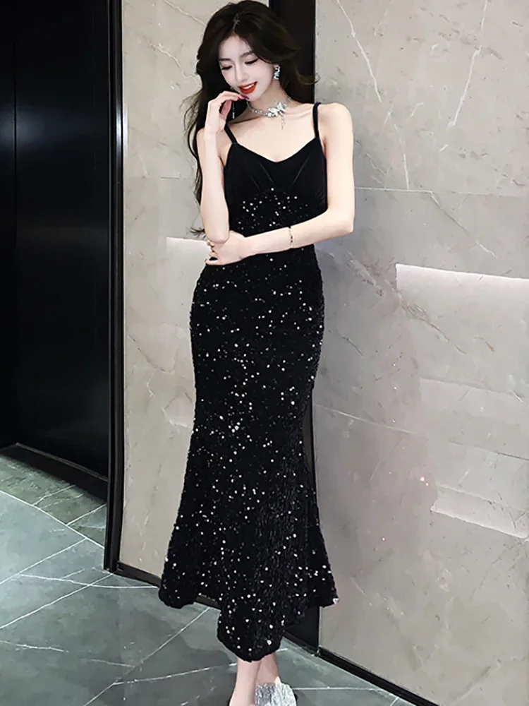 2024 Red Velvet paillettes Chic Sling Sexy abito lungo coreano Vintage elegante abiti da Gala donna autunno inverno vestito da sera aderente