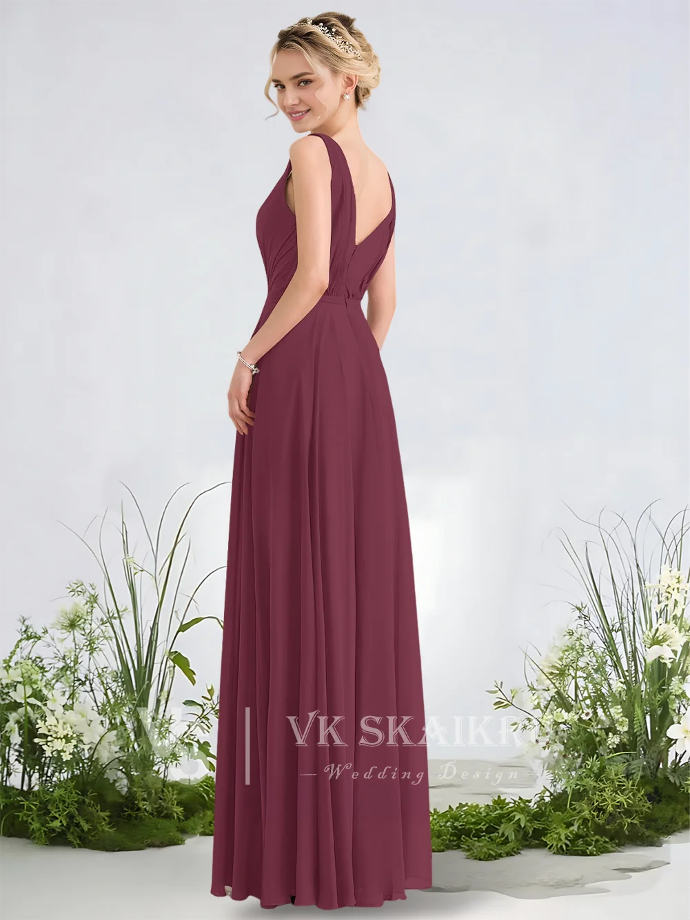 

B Women A-Line Bridesmaid Dresses Frosted Lilac Floor-Length Chiffon Pleated Goddess Gala Wedding Party 2025 With Cascading Hem