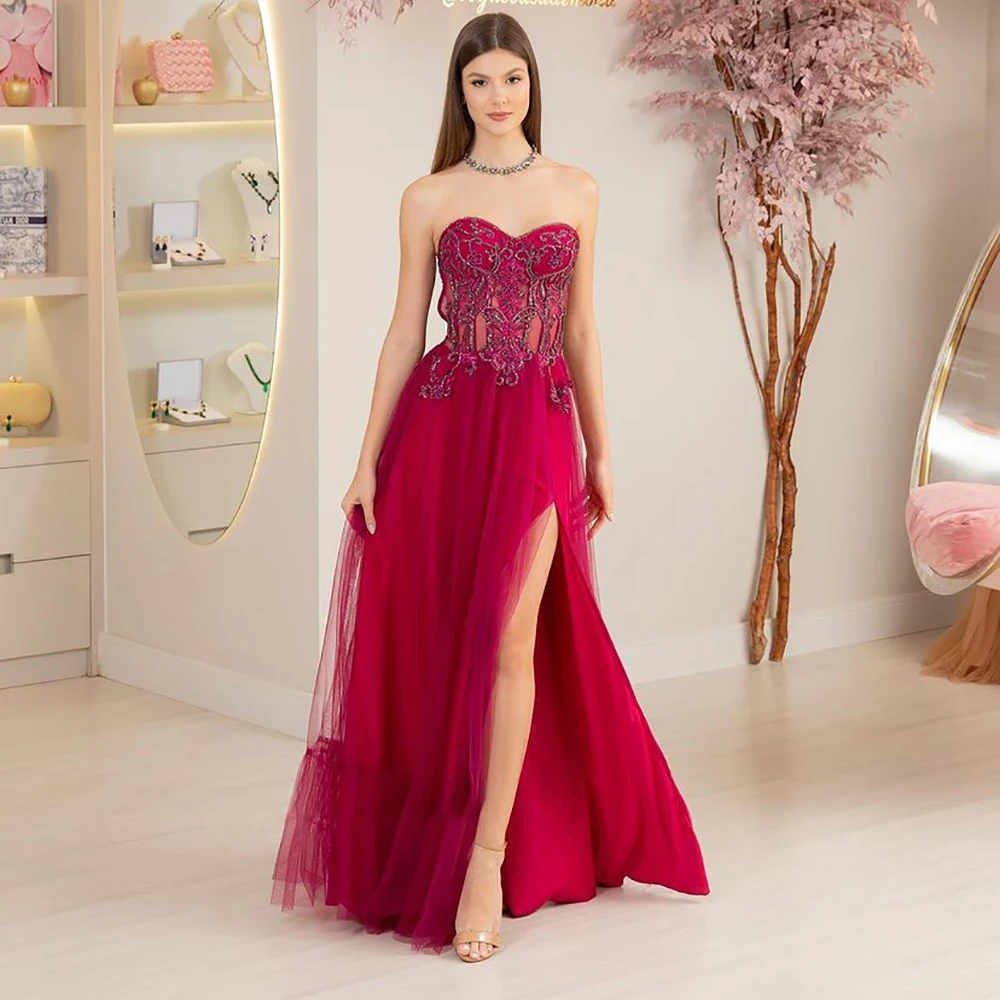 

Verngo Red Side Slit Evening Gown Sweetheart A Line Dresses For Special Events Sexy Bone Beading Sleeveless Prom Dress