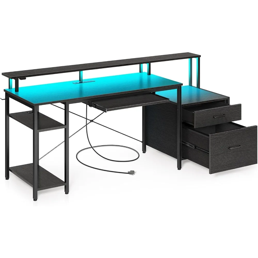 

Computer Desk 59" with File Drawer, Gaming Desk with LED Light & Power Outlets, Home Office Desk with File Cabinet & Storage Sh
