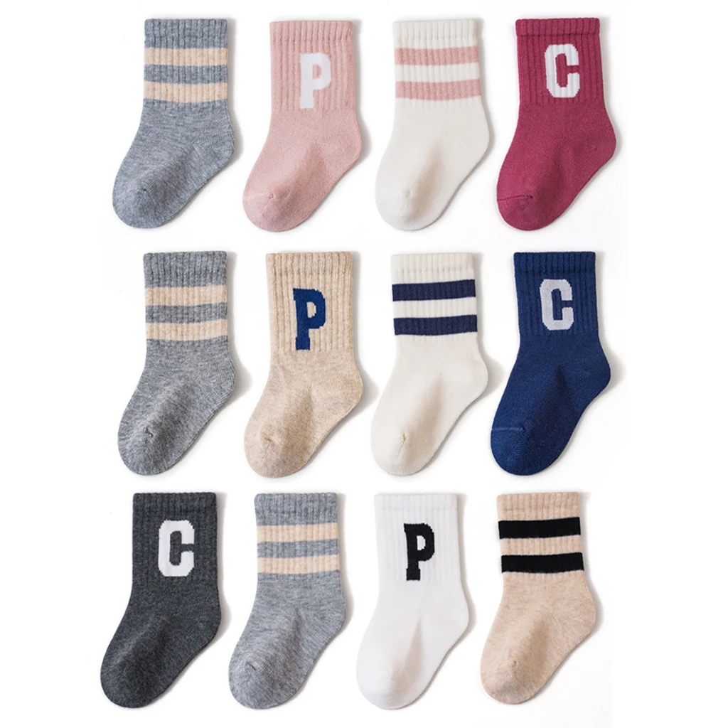4Pairs Letter Striped Baby Socks Comfortable Soft Kids Boys Girls Soprt Socks Infant Toddler Mid Tube Socks