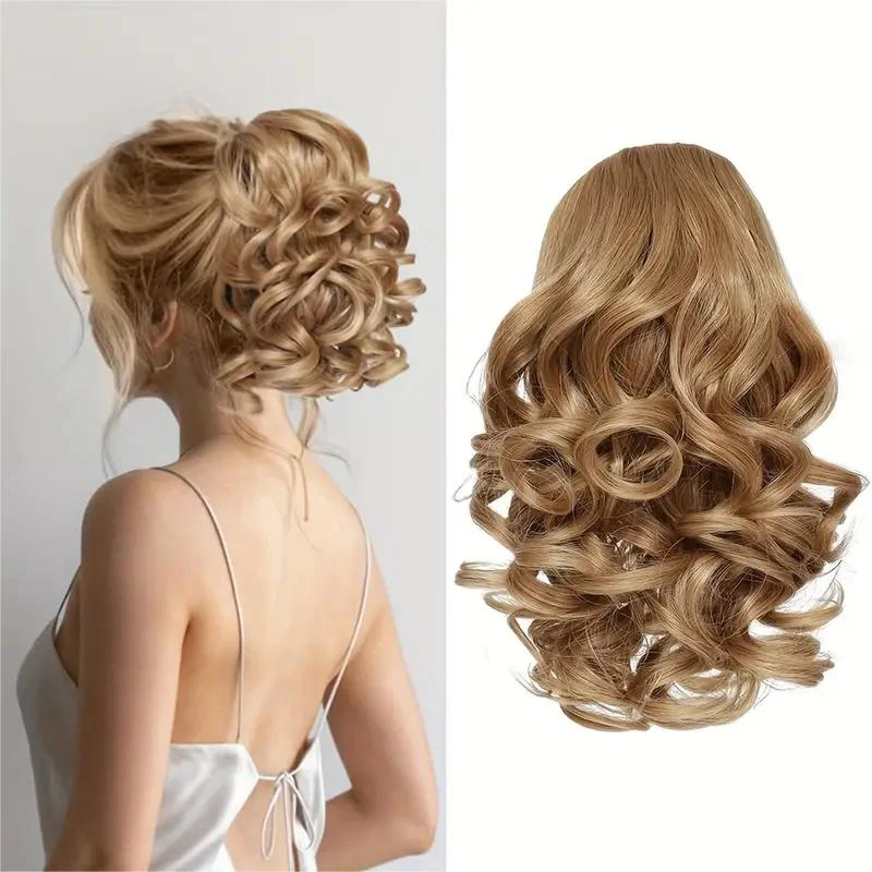 

Synthetic Loose Curly Wavy Brown Ponytail Short Curly Wave Drawstring Ponytail for Women Clip in Hairpiece Horse Tail Extensions