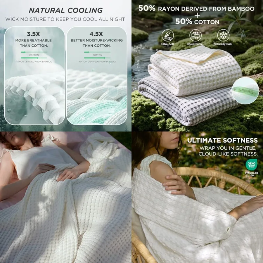

Cooling Waffle Queen Size Blanket - Lightweight Cotton Summer Blanket of Rayon Derived from Bamboo for Hot Sleepers, Luxury Thr