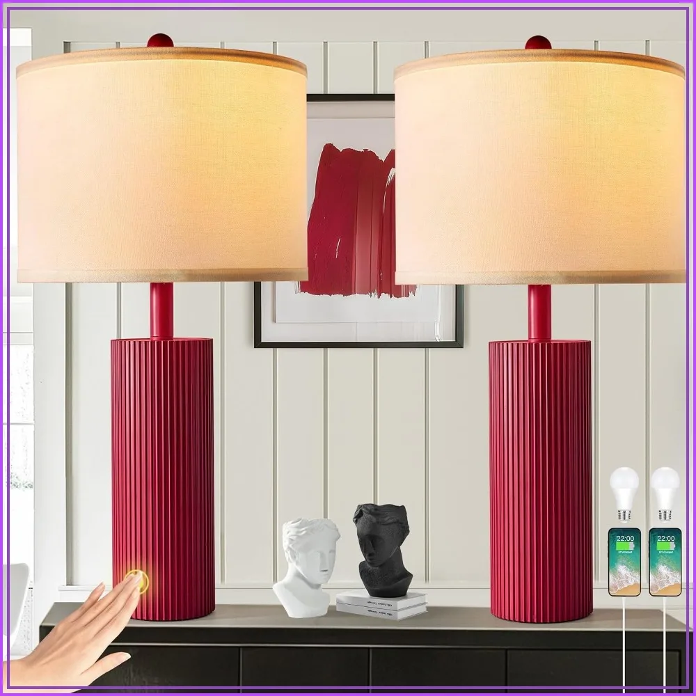 Red Touch Lamps Set of 2 with USB C+A Ports, 3-Way Dimmable, 2 LED Bulbs Included, Modern Table Lights for Living Room, Bedroom, Nightstand
