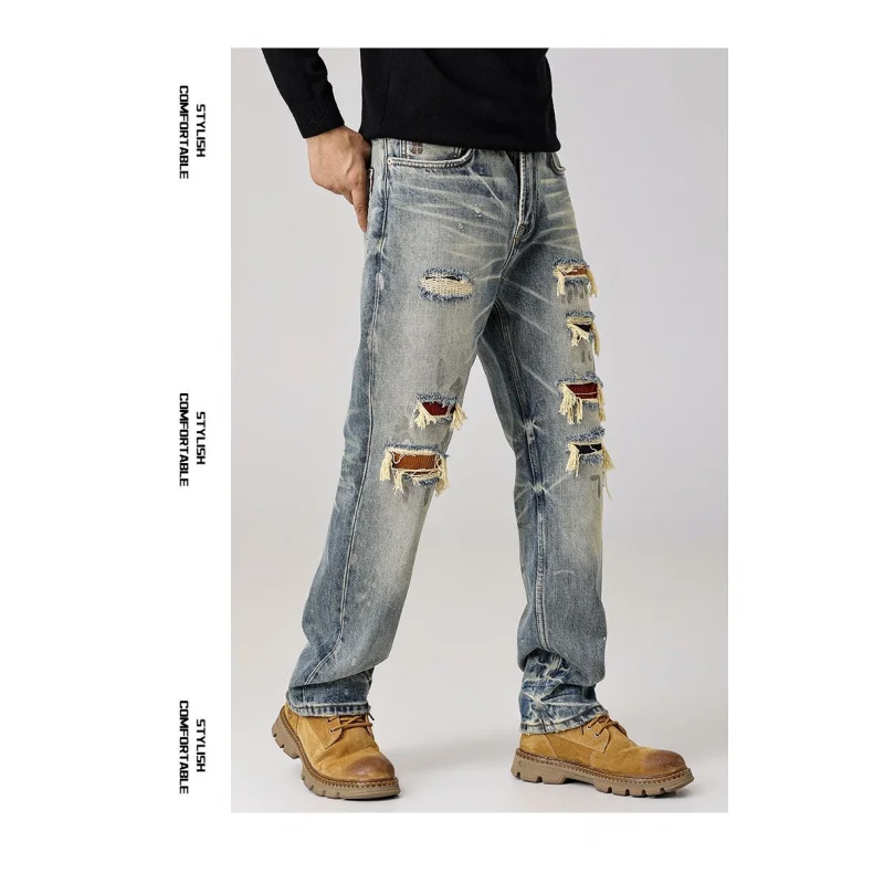 

Джинсы в стиле ретро, красивые мужчины с рваными и скрапрованными нашивками, модные брюки из тяжелой веса, свободные прямые брюки