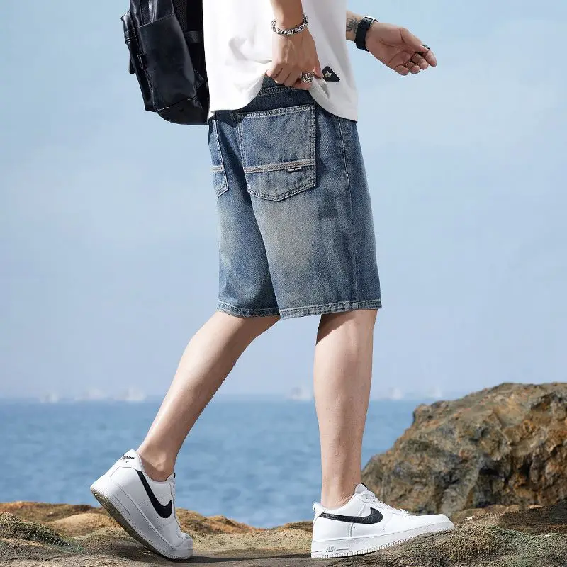 

Новые летние мужские тонкие короткие джинсы, модные корейские прямые приталенные винтажные джинсовые шорты, свободная мужская одежда, джинсовые шорты