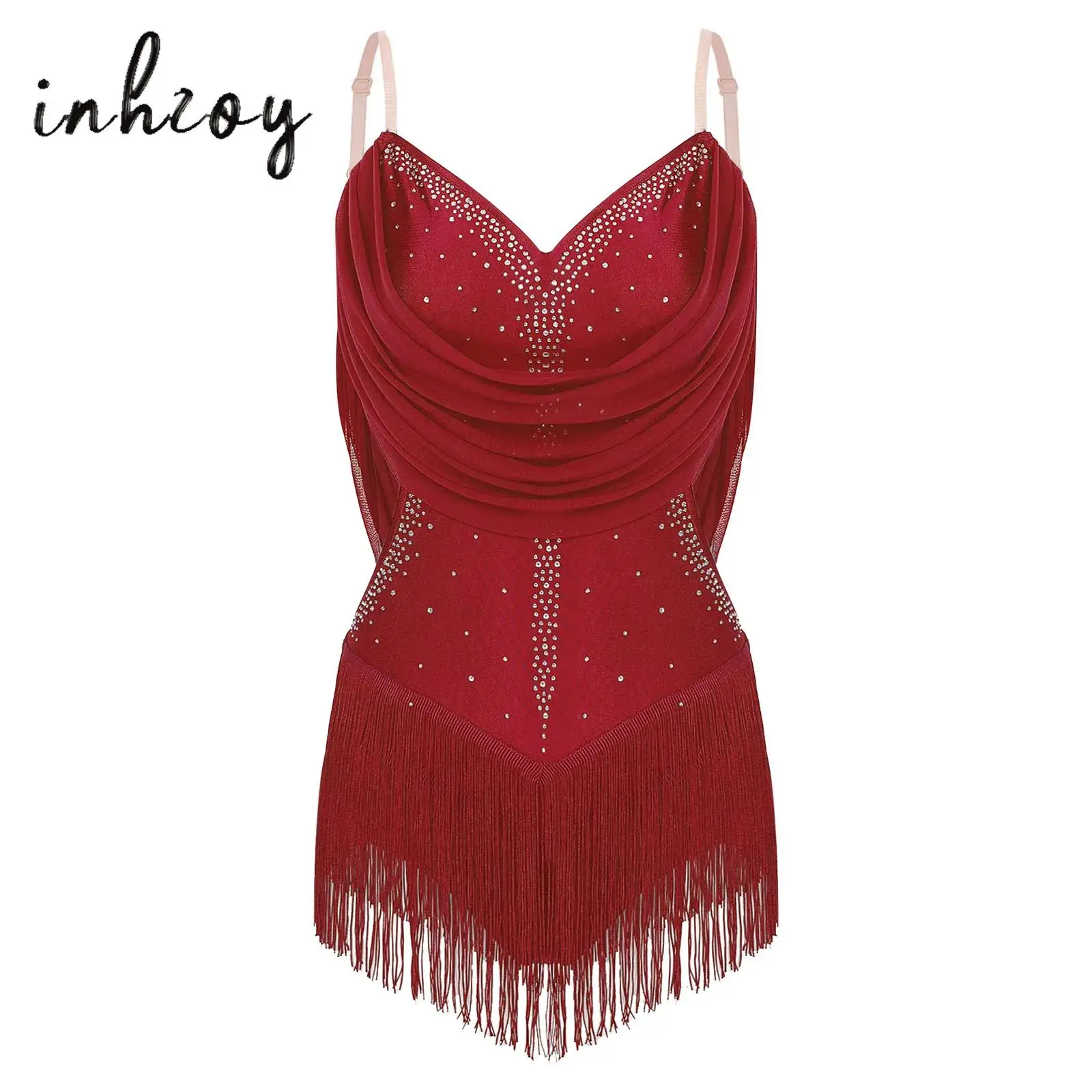 

Womens Mesh Tassel Latin Tango Dance Leotard Dress Ruched Drapes Glittery Rhinestones Adjustable Straps Cutout Fringed Bodysuit