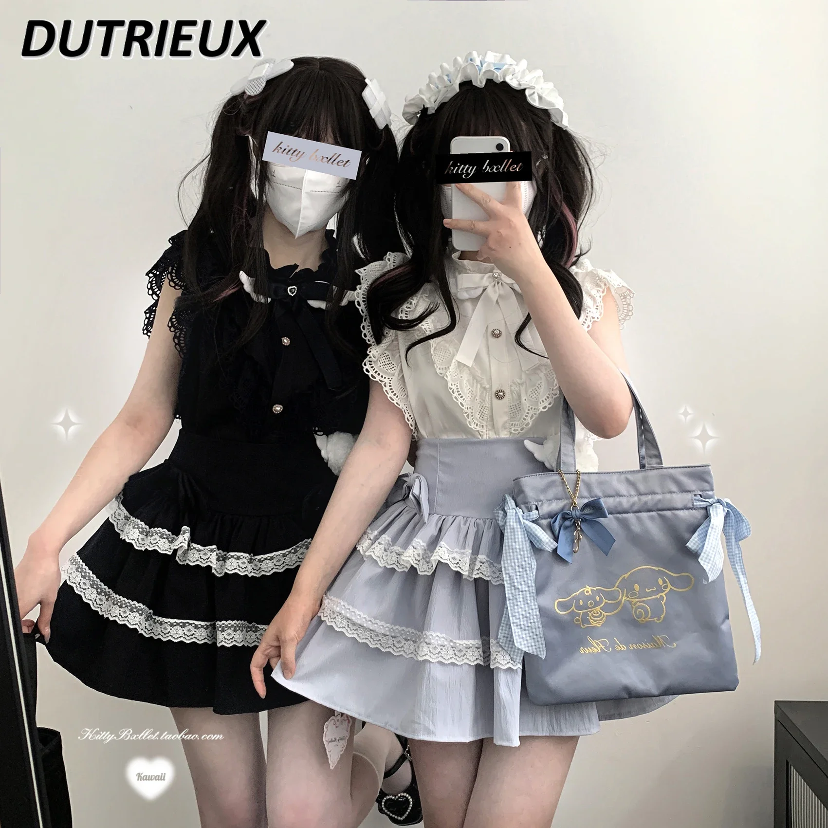 Jupe taille haute courte en dentelle double couche pour femmes, jupe mignonne douce, production de masse, nœud de style japonais, mode d'été