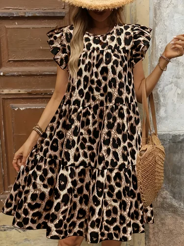 Imagen 2 del producto Vestido de talla grande con estampado de leopardo para mujer, elegante dobladillo con volantes, cuello redondo, mangas aleteadas, mezcla de poliéster elástico, perfecto para Sp