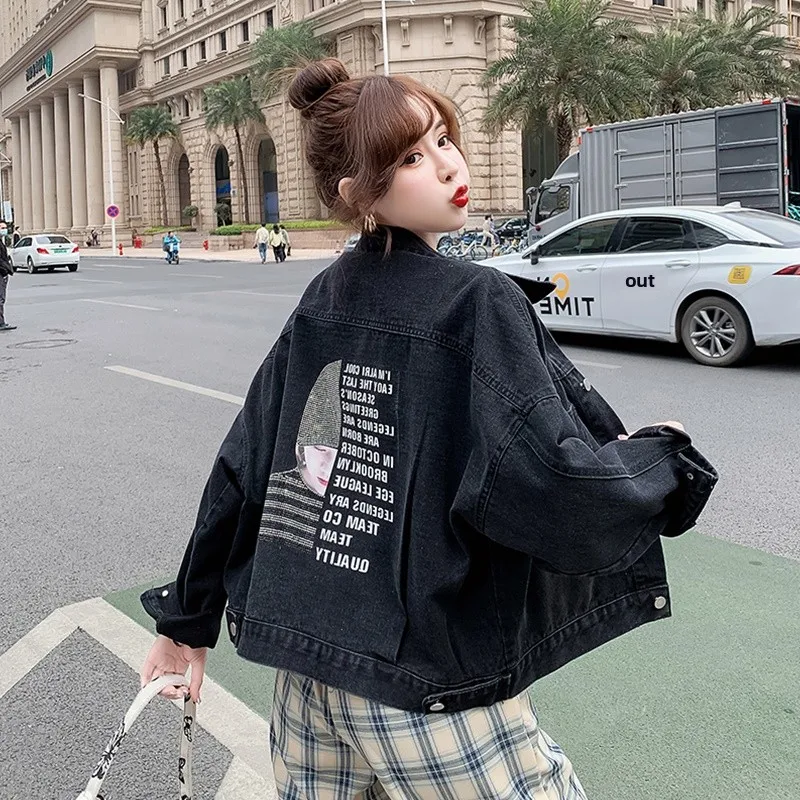 Fashionable Printed Denim Jacket Women's Loose Fit Spring Autumn New Style Versatile Korean Version Casual Top Coat