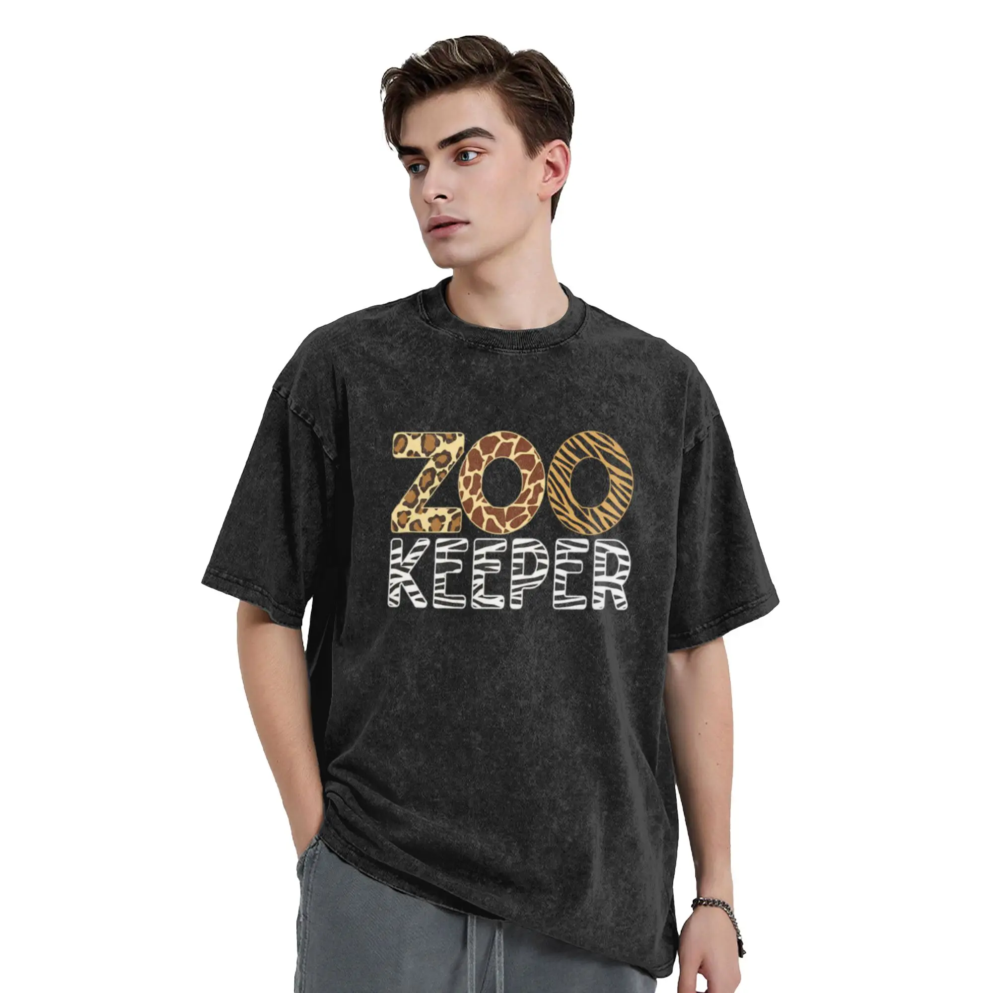 Zoo keeper Zebra Leopard Cheetah Giraffe Pattern African Animals Print Zookeeper A Washed T Shirt Oversized Cotton Tees Tops