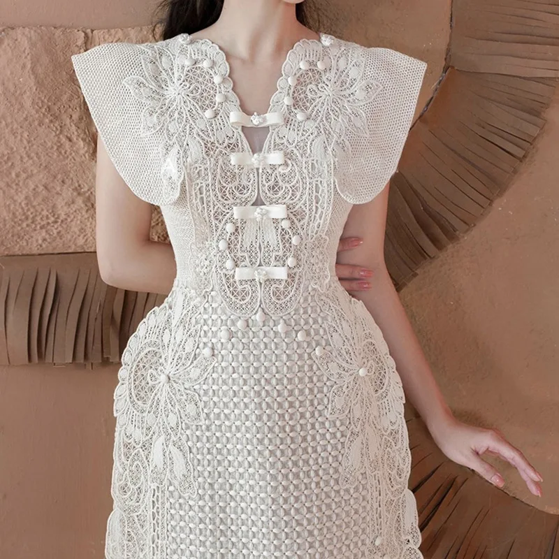 

Coigarsam Women's Dress 2024 New French Style Patchwork Solid Embroidery Lace Long Sleeve Zipper White Dresses