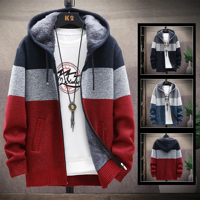 

Men's Knit Sweater Fleece Coat Striped Jackets Fashion Hoodies Winter Autumn Thick Warm Windbreaker Pullovers Male Clothing