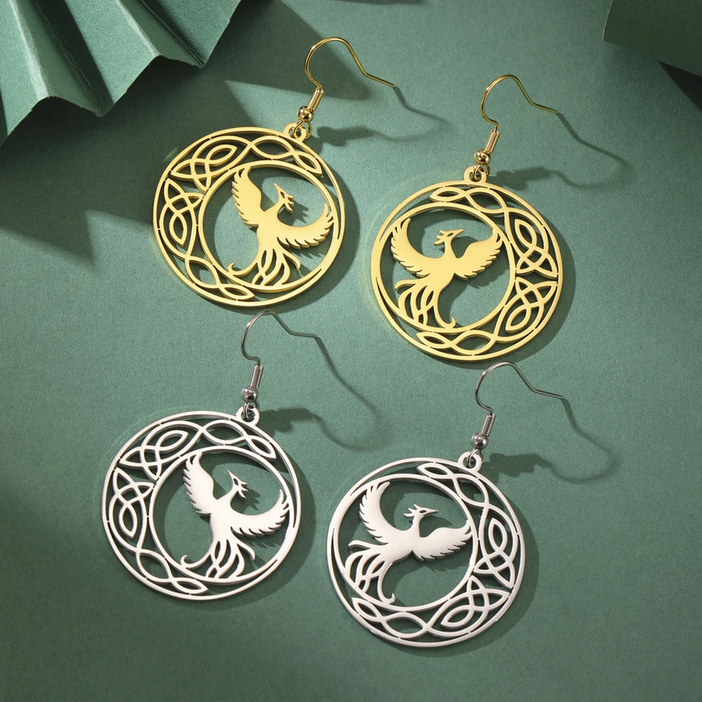 Dawapara Phoenix Women Earrings Geometric Mytical Animal Bird Totem Pendant Stainless Steel Jewelry