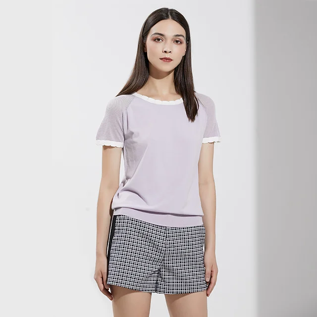 

2024 New Knitted T-irt with Wave Collar And oulder Sve Insertion Hole on Side for Women Polyester And Viscose Blend