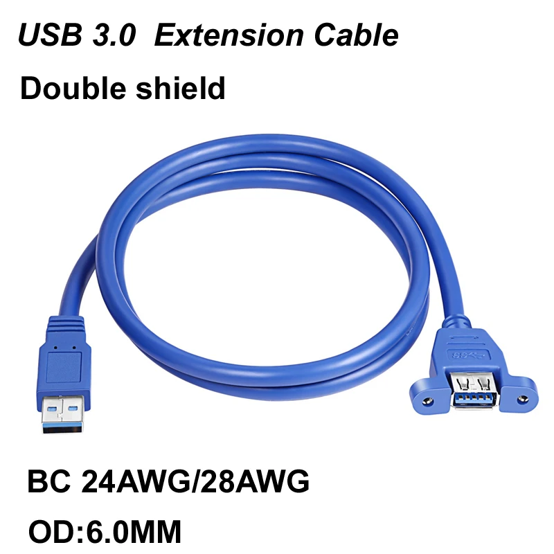 

USB 3.0 Extension Cable Male to Female Extender Charger 5 Gbps Data Sync Screw Panel Mount Connector 24AWG/28AWG OD 6.0MM For PC