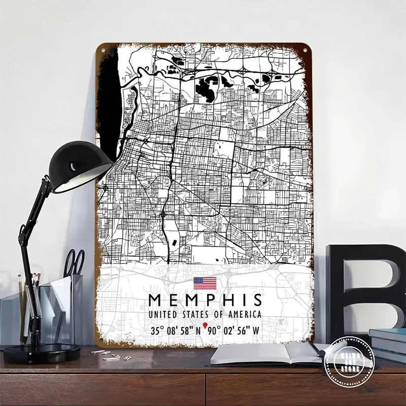 MEMPHIS MAP USA Tinplate Posters Customizable Wall Art Retro Vintage Metal Signs for Home Room Office Decoration Gaming Garden