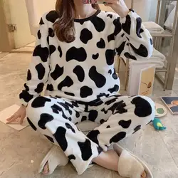 Flannel Women Pajamas Set Autumn Warm Thick Velvet Long Sleeve Printed Sleepwear Home Pijamas Set Tracksuit Women chandals mujer