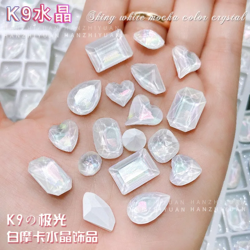 K9 Crystal Diamond pour manucure, Moka White Fluorescent, Twisted Coussins Fat, Square Glass Point, Astronomical Diamond Jewelry, 10Pcs