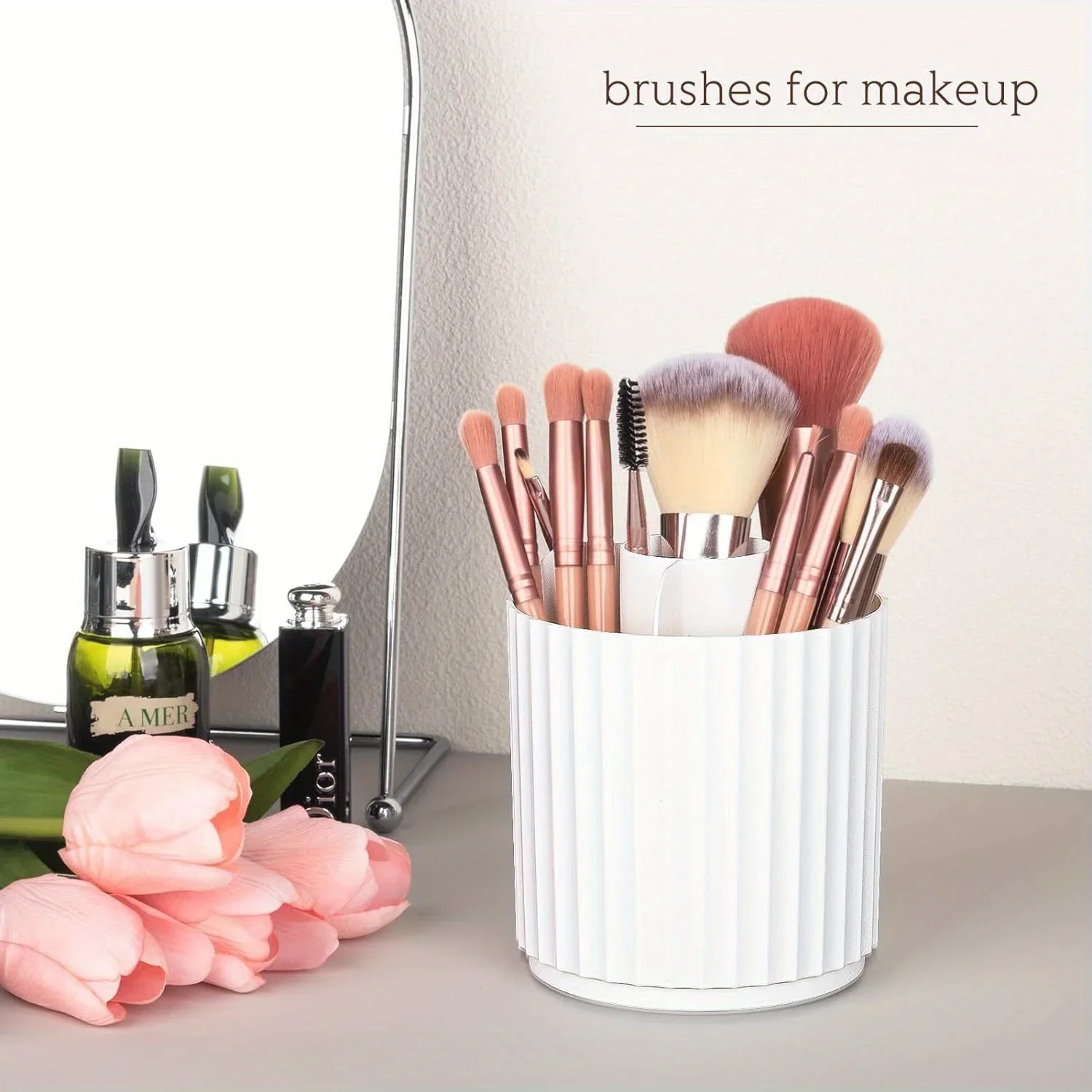 Makeup Brush Holder Organizer 360°Rotating Make Up Brushes Container for Vanity, Spinning Cosmetics Storage Cup, Stripe White