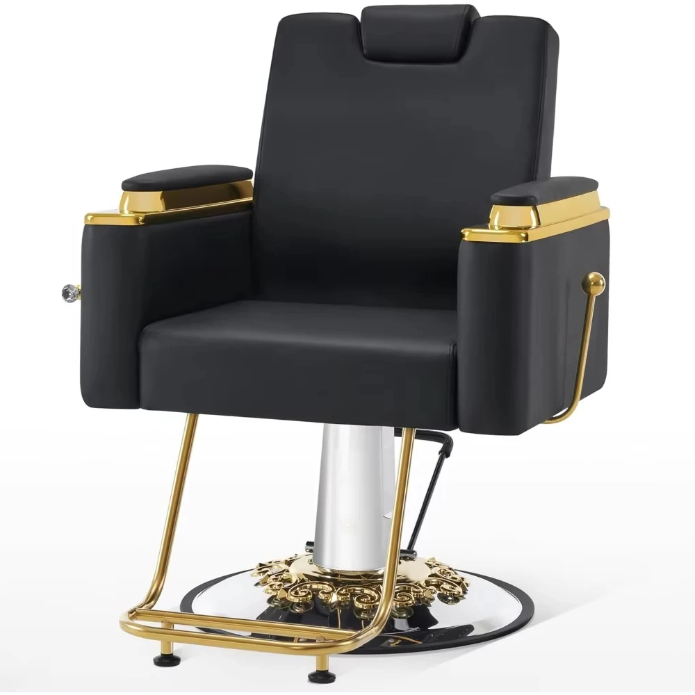 

Luxury barber chair with heavy-duty hydraulic pump, adjustable reclining chair, blonde and black hairstyle chair, barbershop