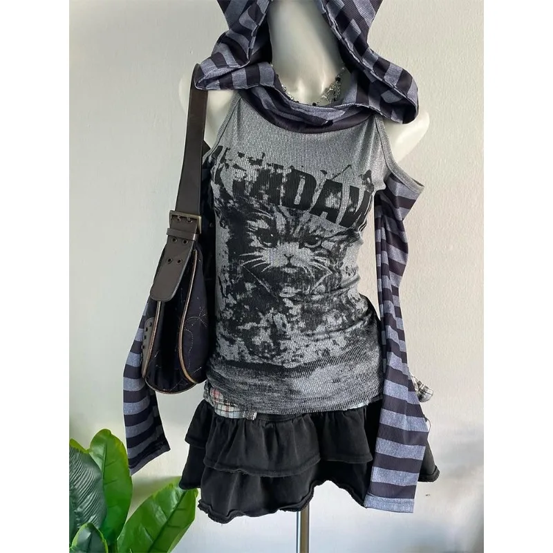 Tops T-shirts Women's American-style Y2K Retro Designer Long-sleeved Faux Two-piece Striped Off-the-shoulder New Fashionable