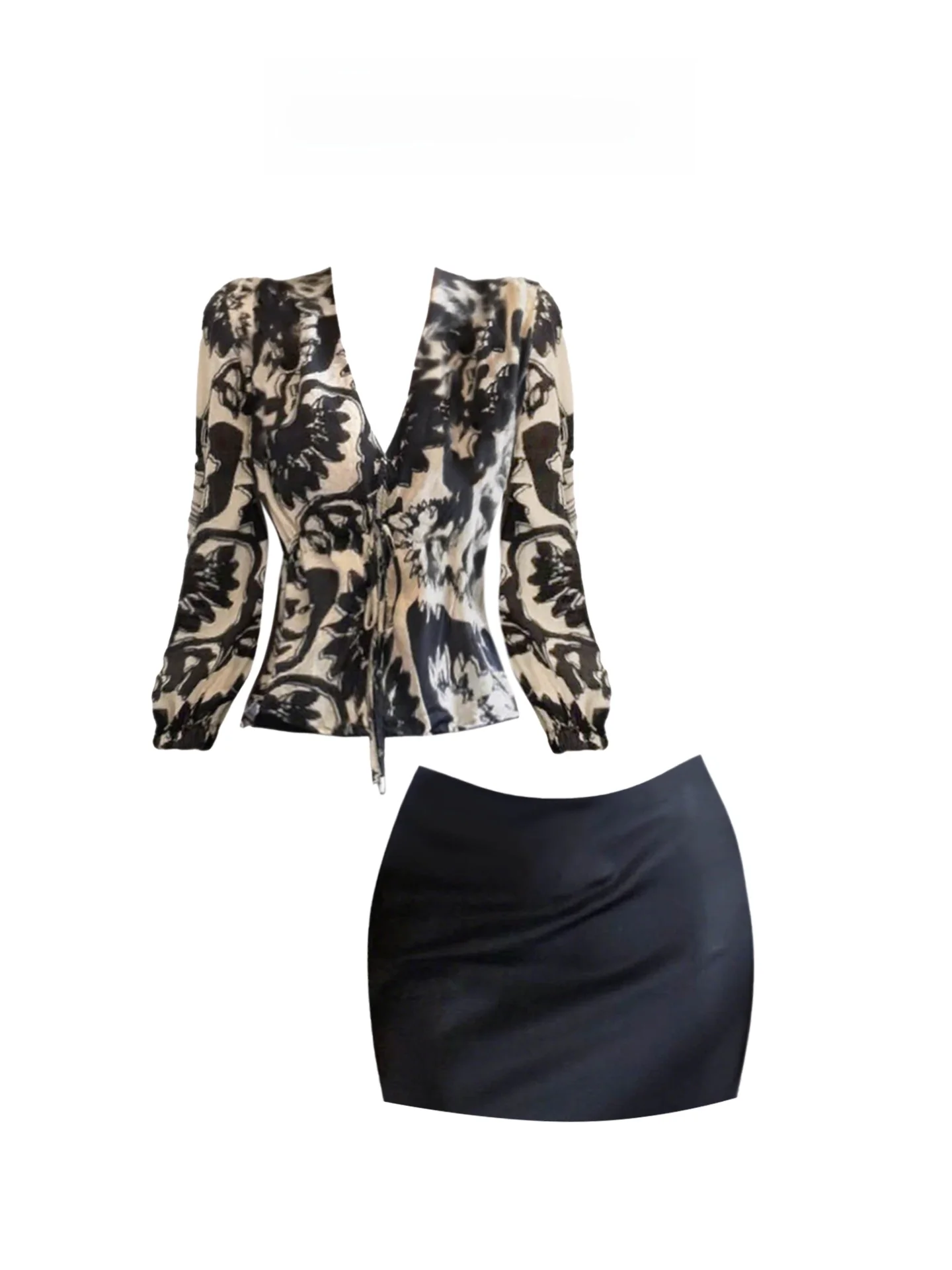 

Комплект HEZA: Элегантный летний костюм-двойка в стиле ретро для полных женщин — юбка с V-образным вырезом и принтом, приталенная, модный.