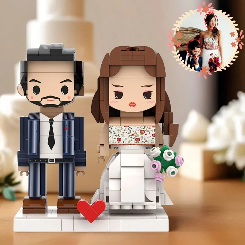 

Beautiful Flower Wedding Dress And Blue Pinstripep Suit Customizable Round Head for Husband And Wife On Wedding Anniversary