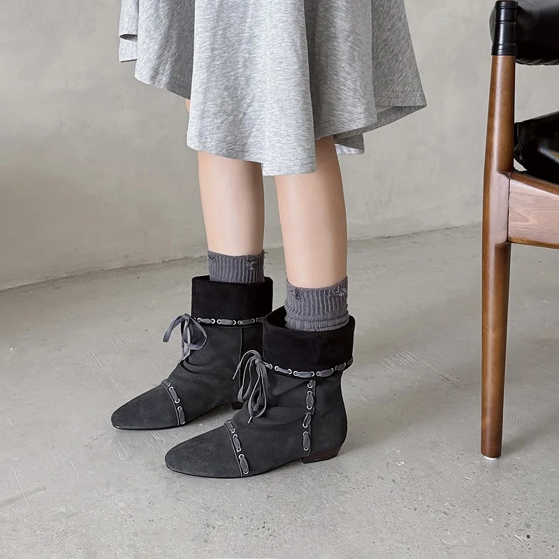 النساء حذاء من الجلد كعب مربع أحذية الشتاء Cowsuede ربيع الخريف الأحذية العصرية الانزلاق على الجلد الحقيقي المشمش الأحذية جولة تو #4