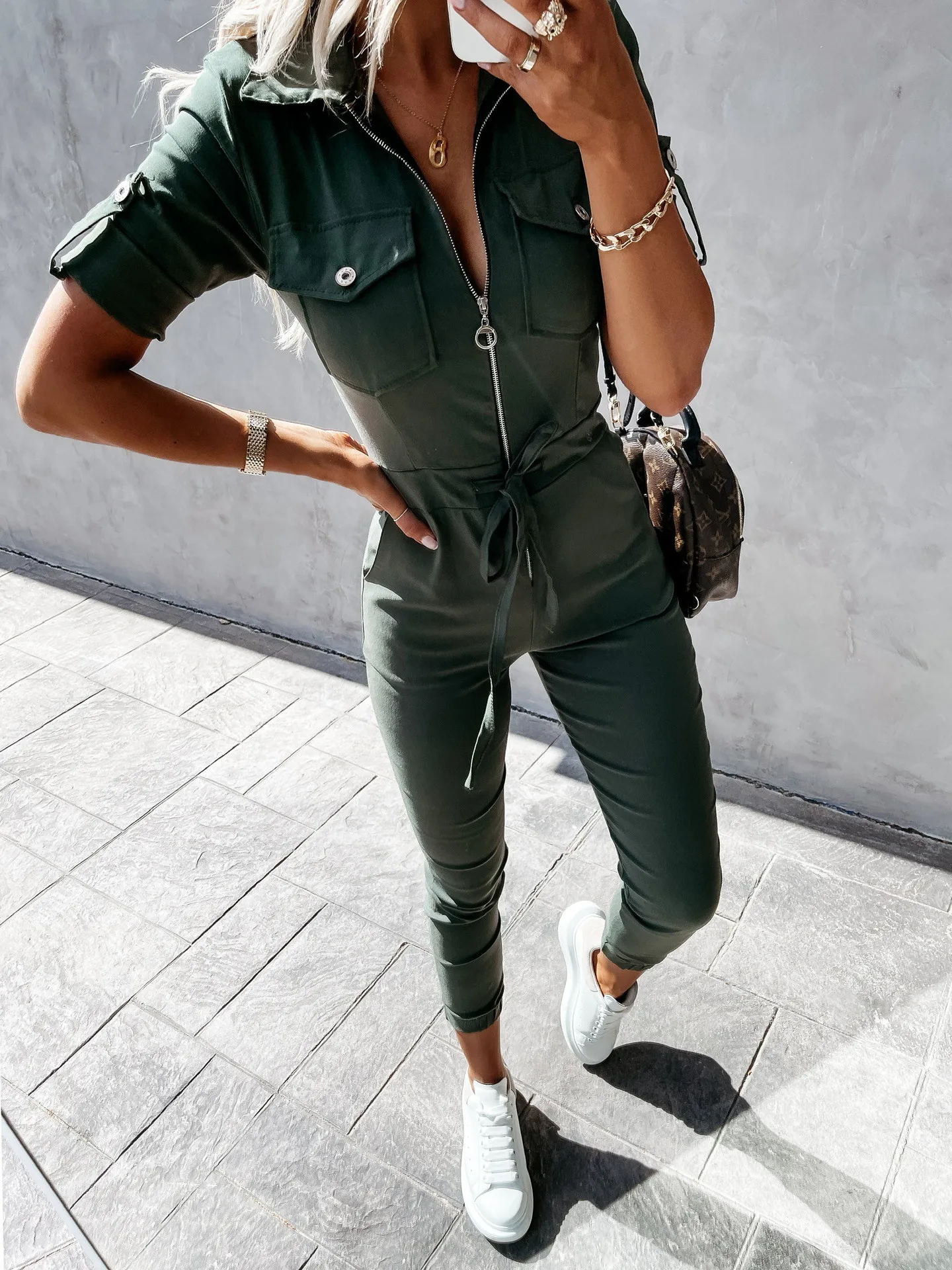 Rompers Women Long Pants One Piece Y2k High Waist Short Sleeve Elegant Jumpsuits V Neck Bodycon Khaki Overalls 2024 Summer