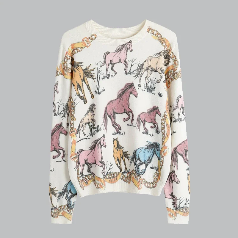 

Spring Autumn Colorful Pony Print Printed Pullovers Sweater Women Casual Fashion O-Neck Long Sleeve Knitwear Tops Jumpers Female