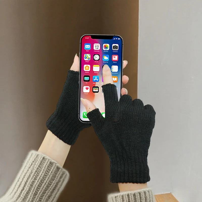 ถุงมือไหมพรมแบบครึ่งนิ้วสำหรับผู้หญิง ถุงมือถักไหมพรมน่ารักแบบสองแบบสำหรับผู้ชาย หนาขึ้นเพื่อความอบอุ่นในฤดูหนาว แบบไม่มีนิ้วสำหรับนักเรียน