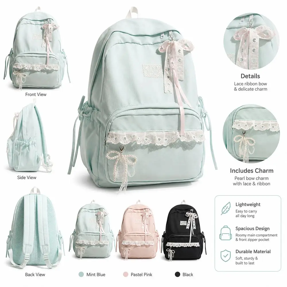Casual Large Capacity Student Schoolbag Soft Nylon Bowknot Design Book Bags Lightweight Casual Daypack For School