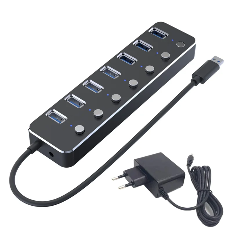 USB 3.0 Power Adapter 7 Ports Aluminum Alloy Splitter Hub USB Hub 3.0 USB Multi Extender Switch 1.2M Cable Hub EU Plug B