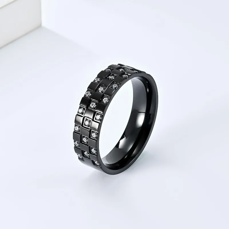 6mm Stainless Steel Pave CZ Checkered Pattern Ring Wedding Band for Men Women Size 6-12