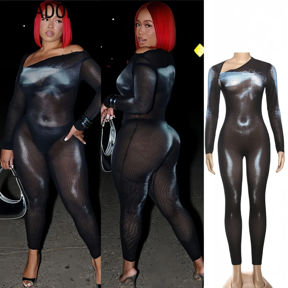 بدلة قفز مثيرة شبكية شفافة من FAGADOER بدلة قفز نسائية مكشوفة الأكتاف وأكمام طويلة ملابس نوادي نسائية جديدة 2025 #1